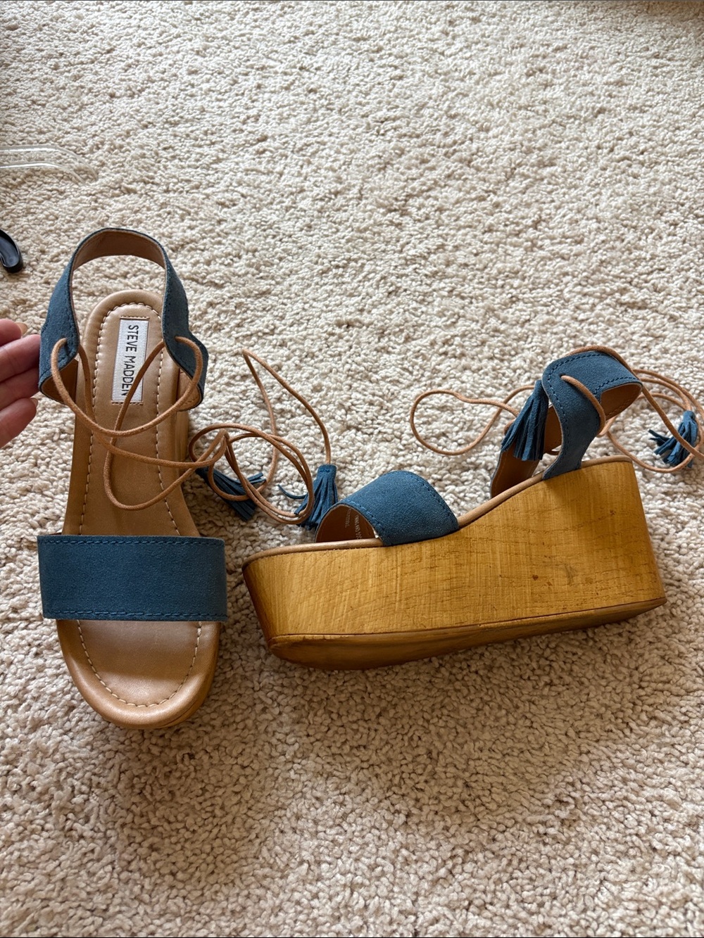 Steve Madden Teal Lace-Up Platform Sandals with Wood-Effect Sole